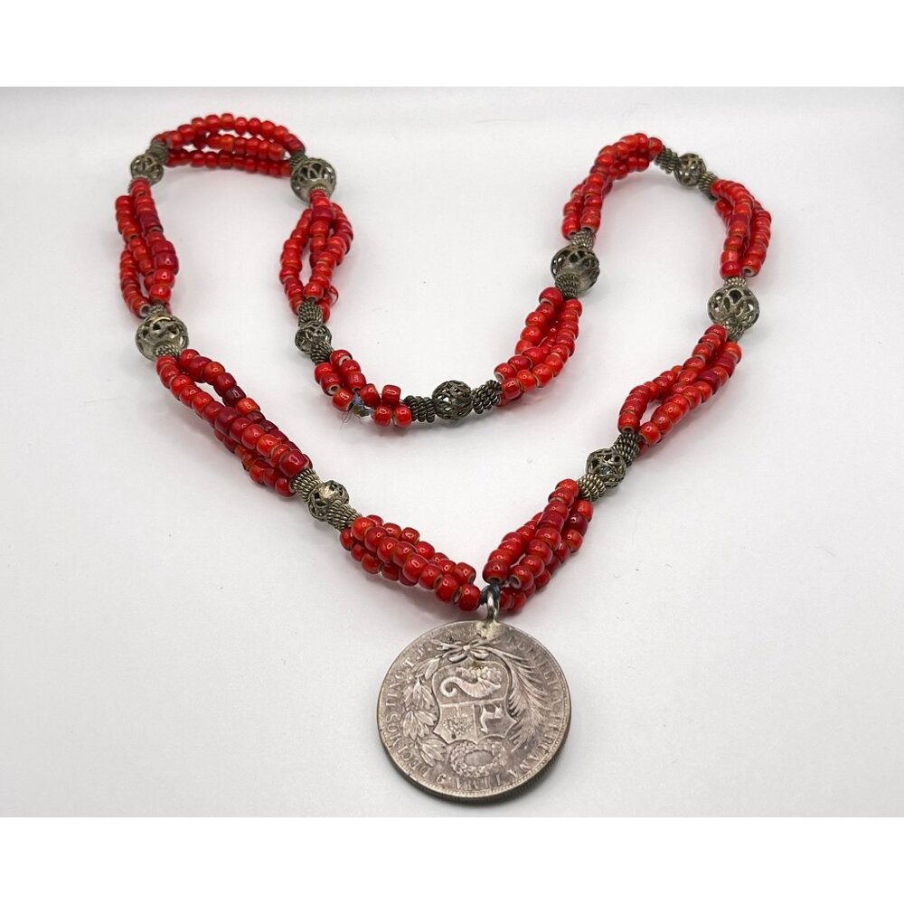 Vtg Colonial Red Glass Beads 3 Strand & Coin Necklace Made In Peru 1888 Peru